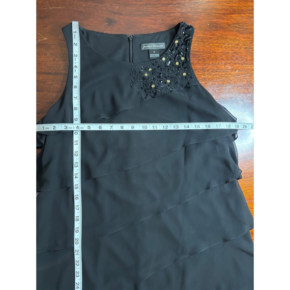 Jessica Howard Womens Tiered Ruffle Party Dress 12 Black Beaded Chiffon Cocktail - Picture 4 of 8